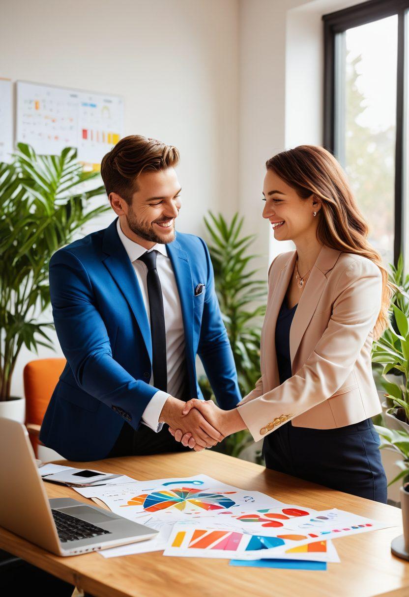 A warm, inviting scene of two business partners, one offering a heartfelt handshake while the other smiles appreciatively, surrounded by symbols of success like charts and a laptop. A backdrop of a sunlit office with soft plant decor to reflect a nurturing atmosphere. Incorporate heart shapes subtly in the background to symbolize affection, with vibrant colors conveying passion and energy. super-realistic. vibrant colors. soft focus.