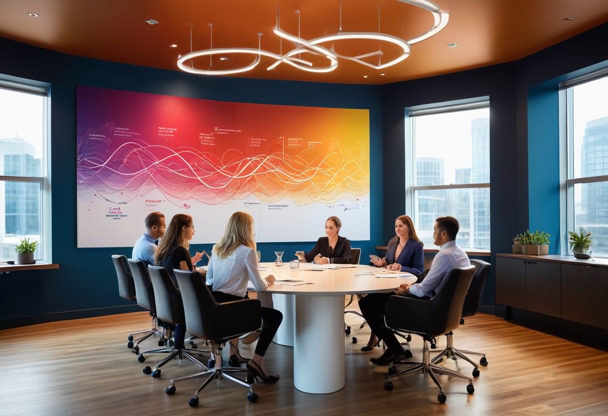 A dynamic scene depicting a diverse team of professionals brainstorming passionately around a conference table, with ideas and diagrams flying around them, symbolizing the transition from heartfelt romance to business success. The environment showcases a blend of creativity and professionalism, with warm lighting and inspirational quotes on the walls. Include elements that represent devotion, such as heart-shaped symbols or intertwined hands in the background. vibrant colors. modern corporate style.
