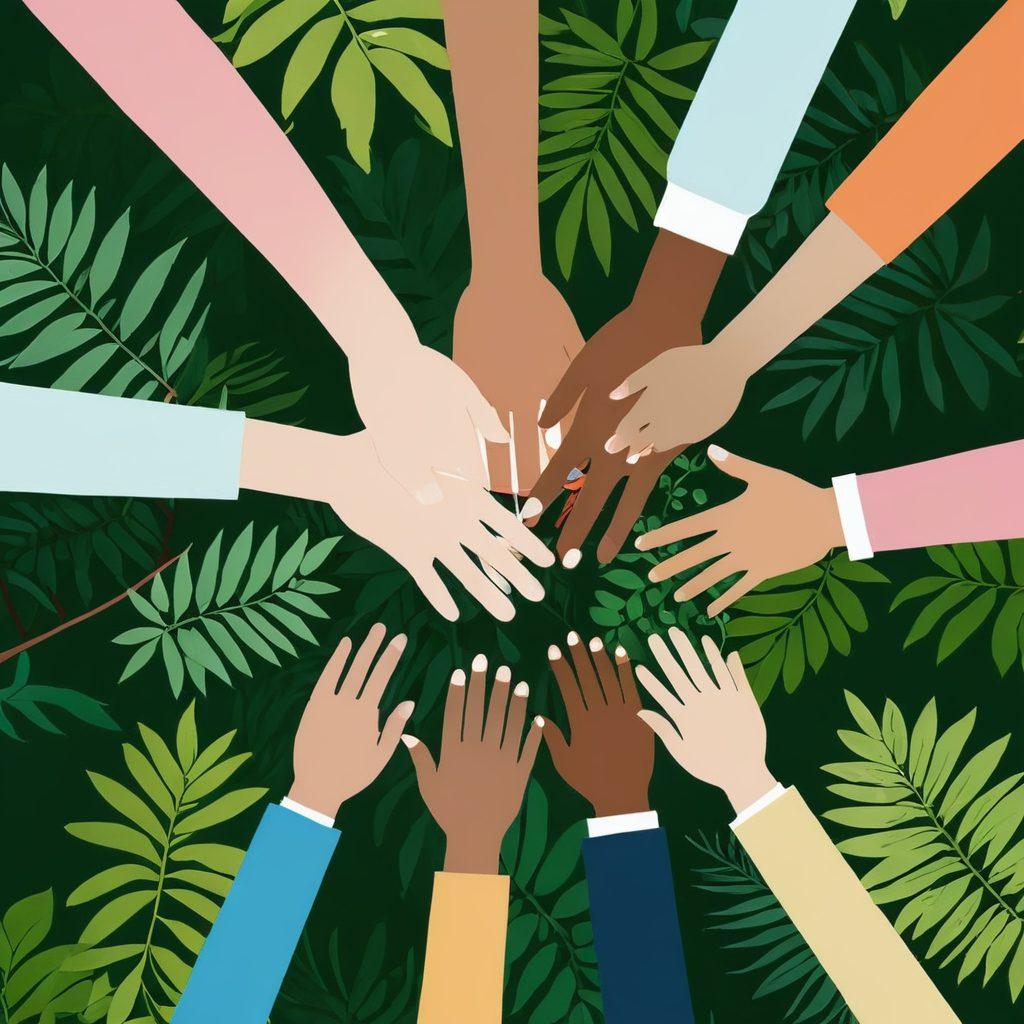 A diverse group of professionals engaging in a warm and friendly discussion, surrounded by symbols of growth like plants and graphs, showcasing genuine smiles and handshakes. Incorporate elements like heart shapes and interconnected hands to represent care and relationships. The background should have a soft, inviting color palette that conveys warmth and positivity. super-realistic. vibrant colors. light background.